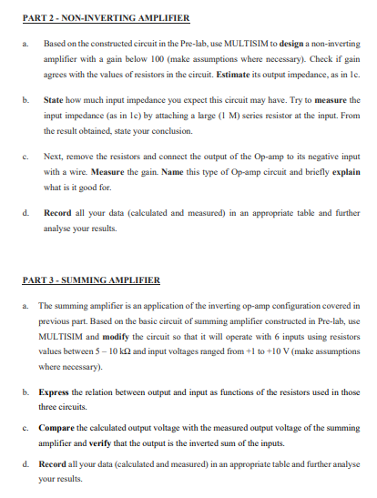 a. PART 2 - NON-INVERTING AMPLIFIER Based on the | Chegg.com