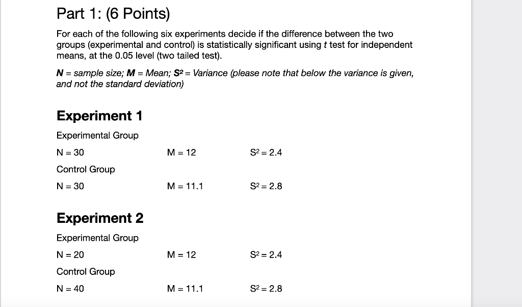 Solved Part 1: (6 Points) For each of the following six | Chegg.com