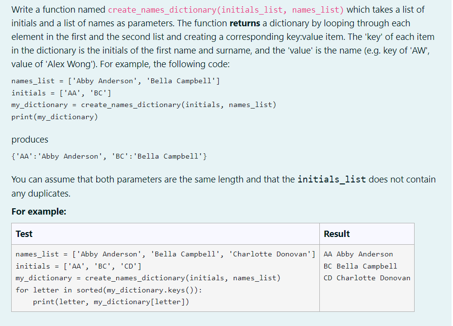 Solved Write a function named create_names_dictionary | Chegg.com