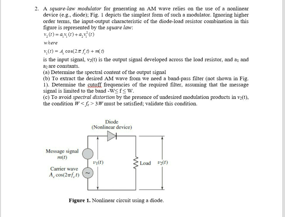 Solved 2 A Square Law Modulator For Generating An Am Wave 1352