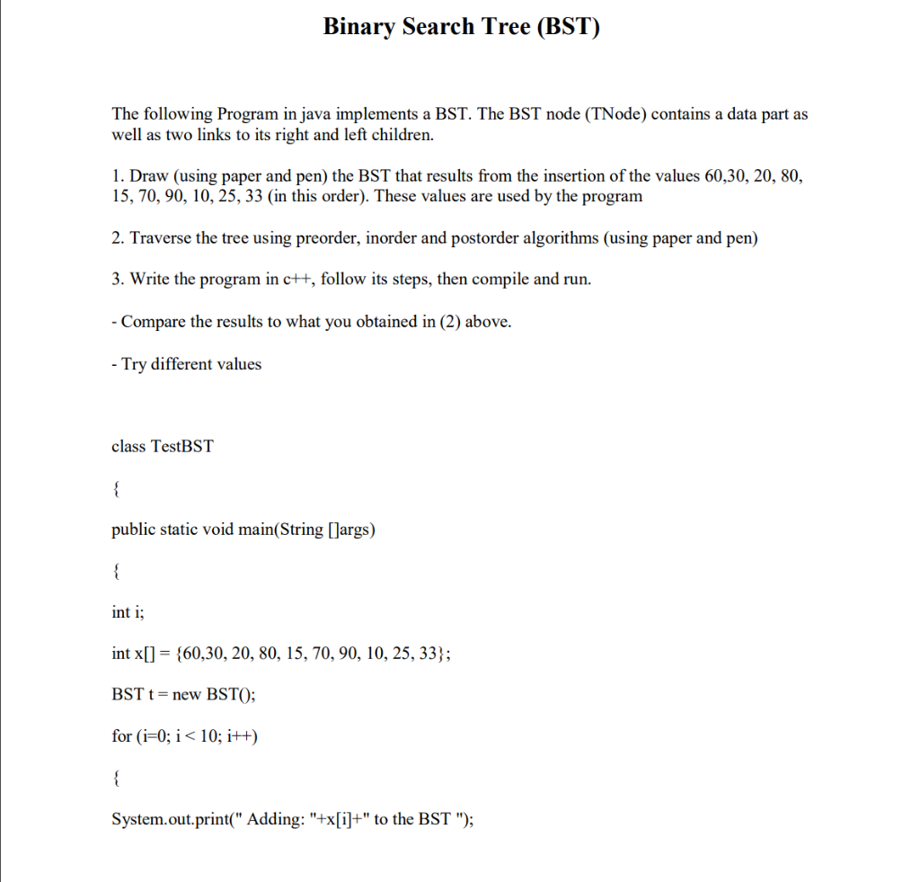 Solved Binary Search Tree (BST) The following Program in | Chegg.com
