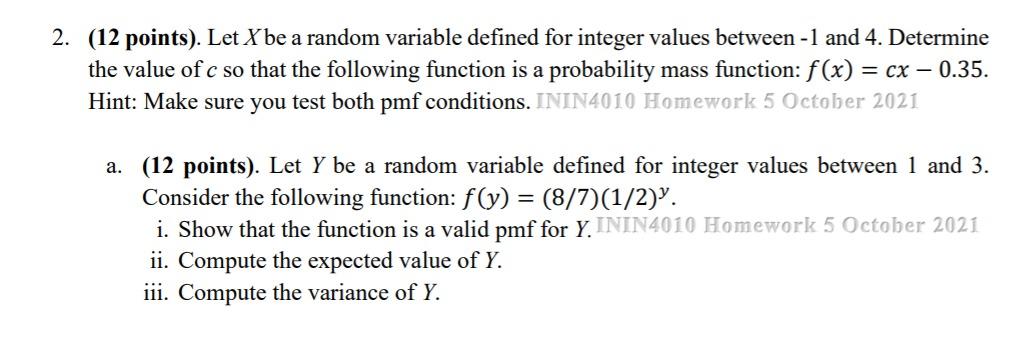 Solved 2. (12 points). Let X be a random variable defined | Chegg.com