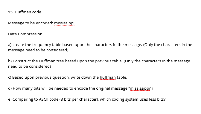 Solved 15. Huffman code Message to be encoded: mississippi | Chegg.com