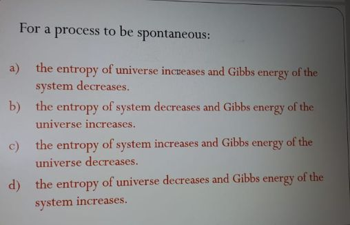 Solved For A Process To Be Spontaneous: A) B) The Entropy Of | Chegg.com