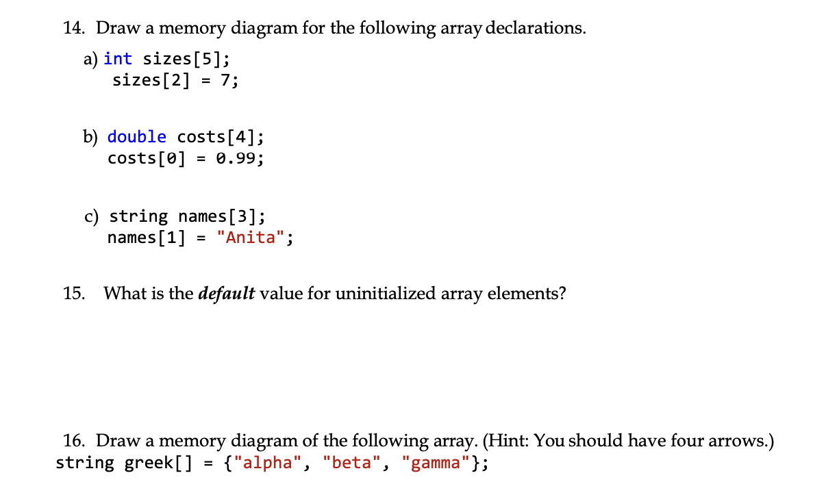 Solved 14. Draw a memory diagram for the following array | Chegg.com