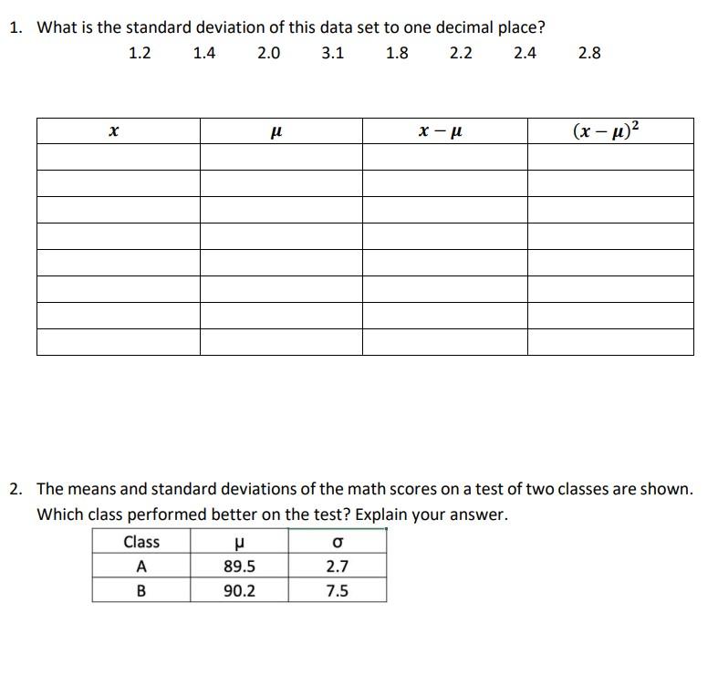 Solved 1. What is the standard deviation of this data set to | Chegg.com