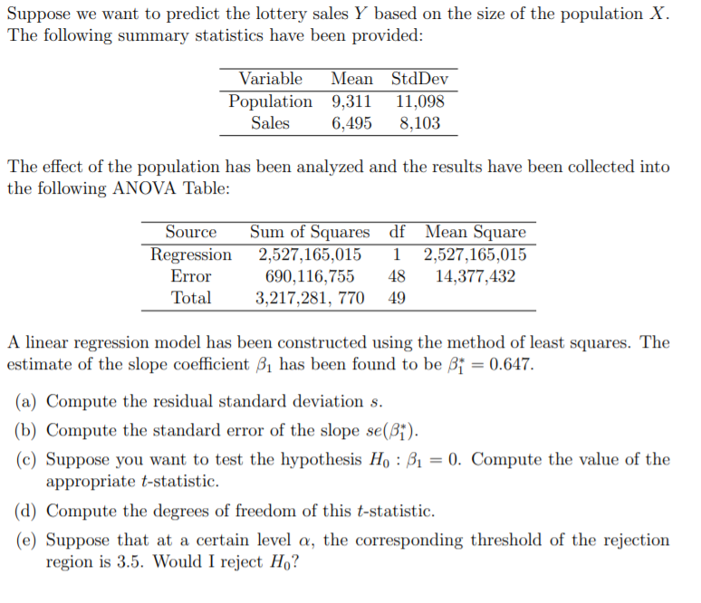 Solved Suppose We Want To Predict The Lottery Sales Y Based | Chegg.com