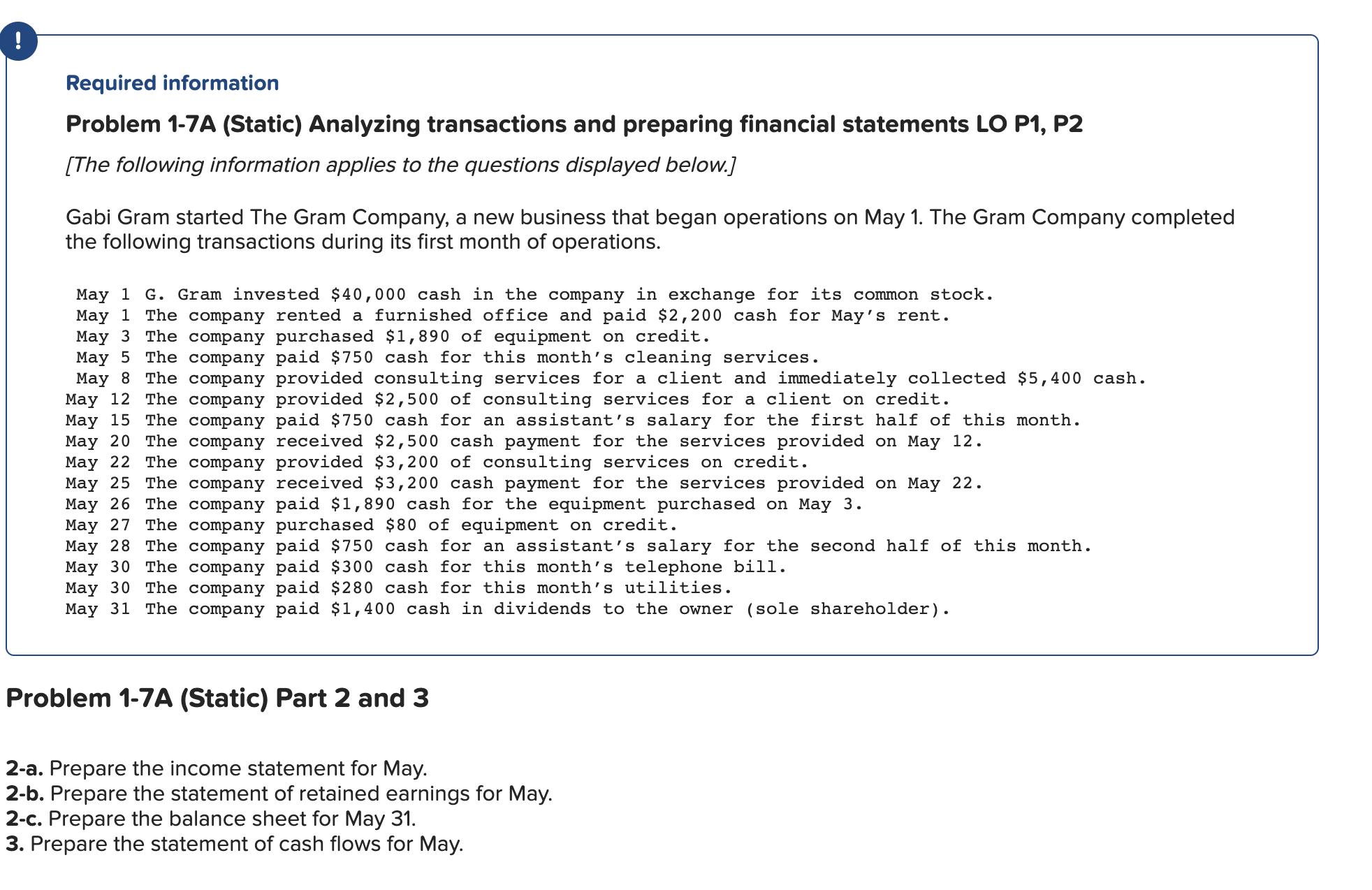 Solved Required information Problem 1-7A (Static) Analyzing | Chegg.com