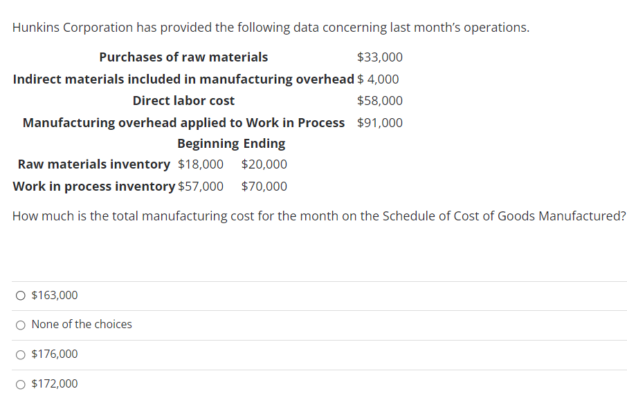 Solved Hunkins Corporation has provided the following data | Chegg.com