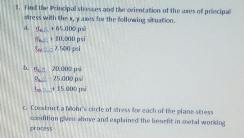 Solved 1. Find the Principal stresses and the orientation of | Chegg.com