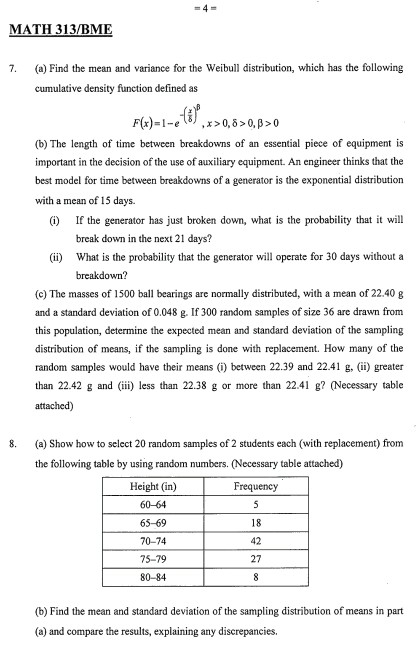 Solved MATH 313/BME 7. () Find The Mean And Variance For The | Chegg.com