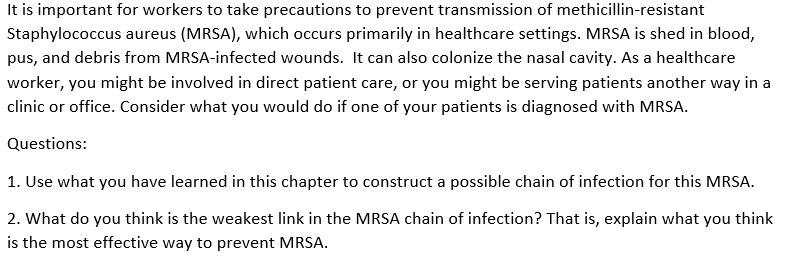 It is important for workers to take precautions to prevent transmission of methicillin-resistant Staphylococcus aureus (MRSA)