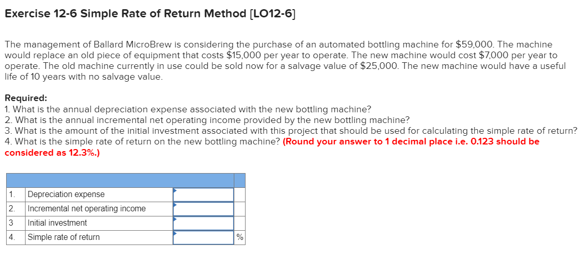 Solved Exercise 12-6 Simple Rate of Return Method [LO12-6] | Chegg.com