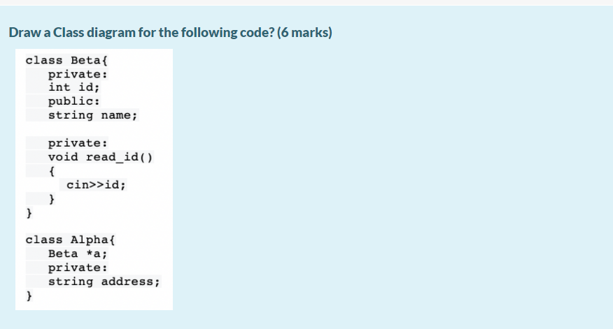 Solved Draw a Class diagram for the following code? (6 | Chegg.com