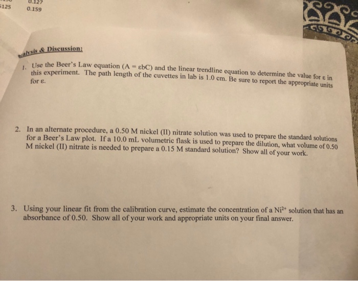 Solved 127 1250.159 Use the Beer's Law equation (AebC) and