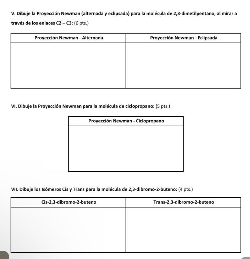 V. Dibuje la Proyección Newman (alternada y eclipsada) para la molécula de 2,3-dimetilpentano, al mirar a través de los enlac