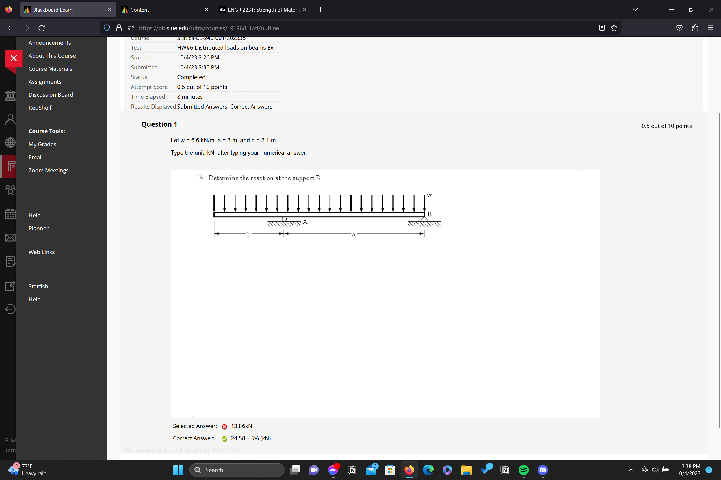 Solved Let W=6.6kN/m,a=8 M, And B=2.1 M. Type The Unit, KN, | Chegg.com