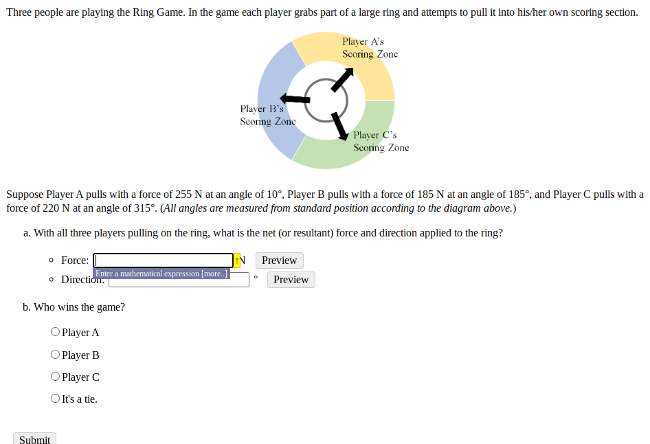 Solved Suppose Player A Pulls With A Force Of 255 N At An | Chegg.com