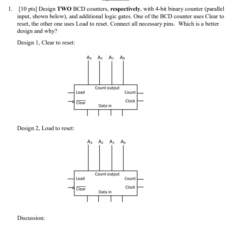 Solved 1. [10 pts] Design TWO BCD counters, respectively, | Chegg.com
