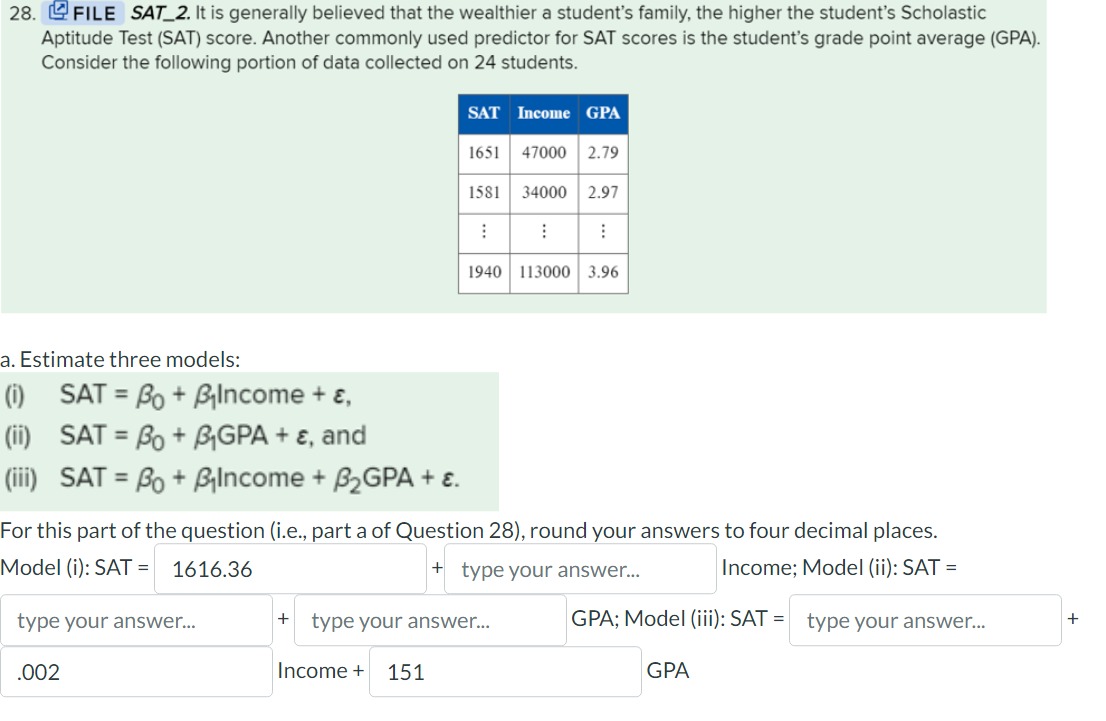 Solved Use the preferred model to predict SAT given the mean