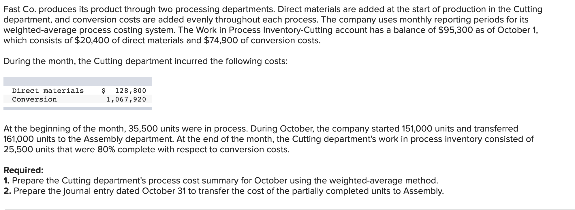Solved Fast Co. produces its product through two processing