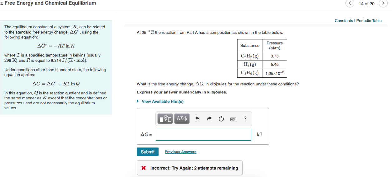 Solved Free Energy and Chemical Equilibrium ( 14 of 20 » | Chegg.com