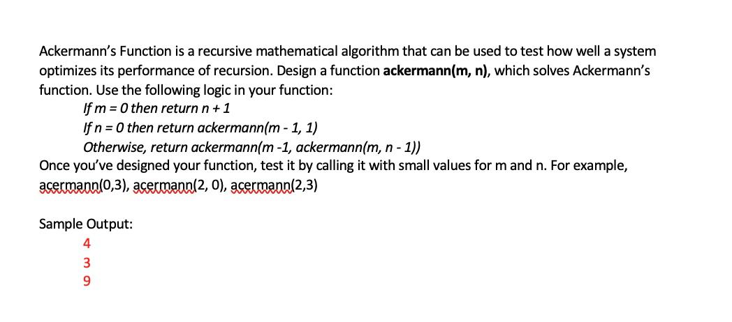 Solved Ackermann's Function Is A Recursive Mathematical | Chegg.com