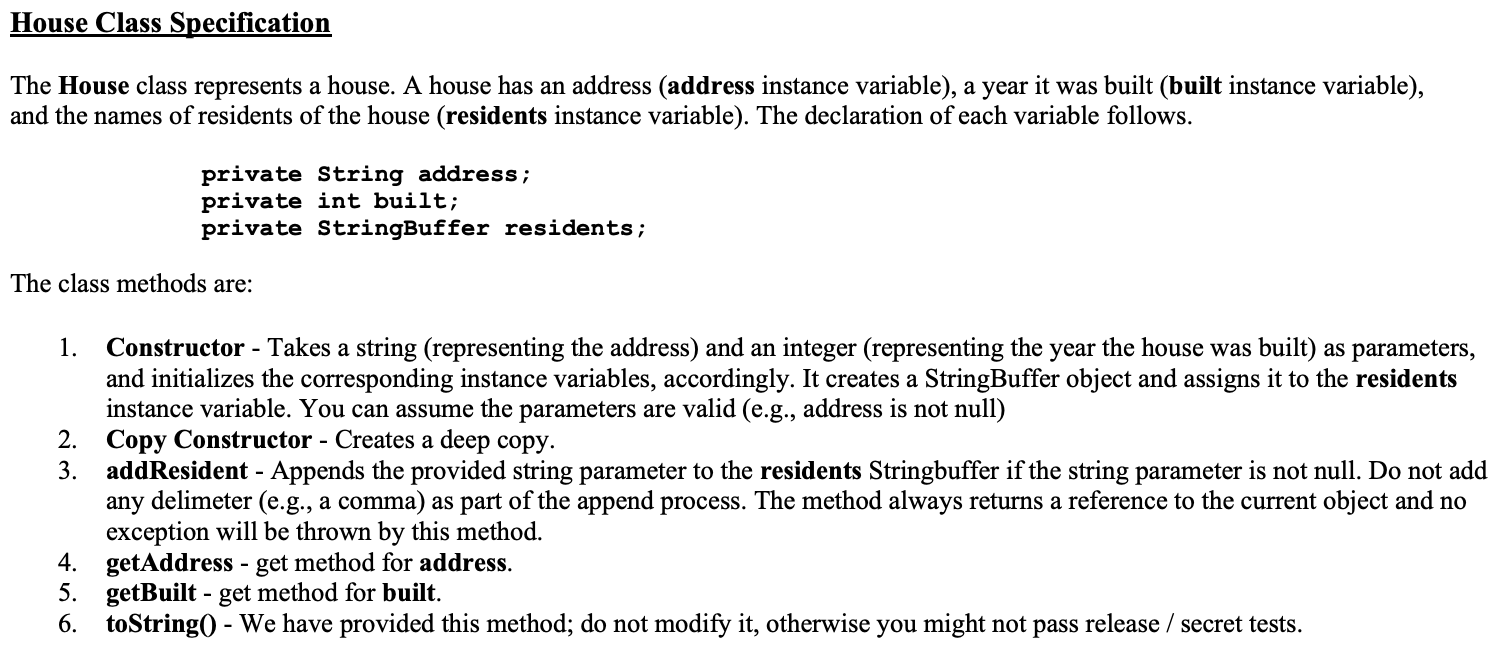 Solved House Class Specification The House class represents | Chegg.com