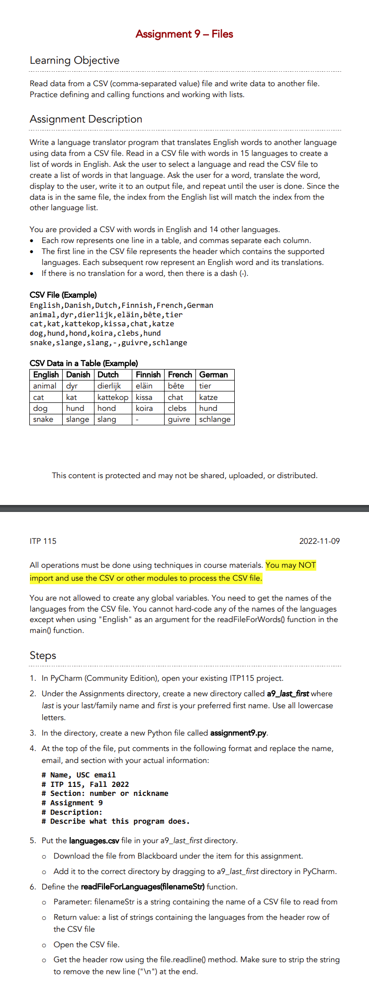 Learning Objective
Read data from a CSV (comma-separated value) file and write data to another file. Practice defining and ca