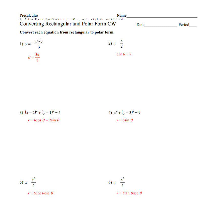 Kuta software infinite precalculus polar 2025 and rectangular forms of equations