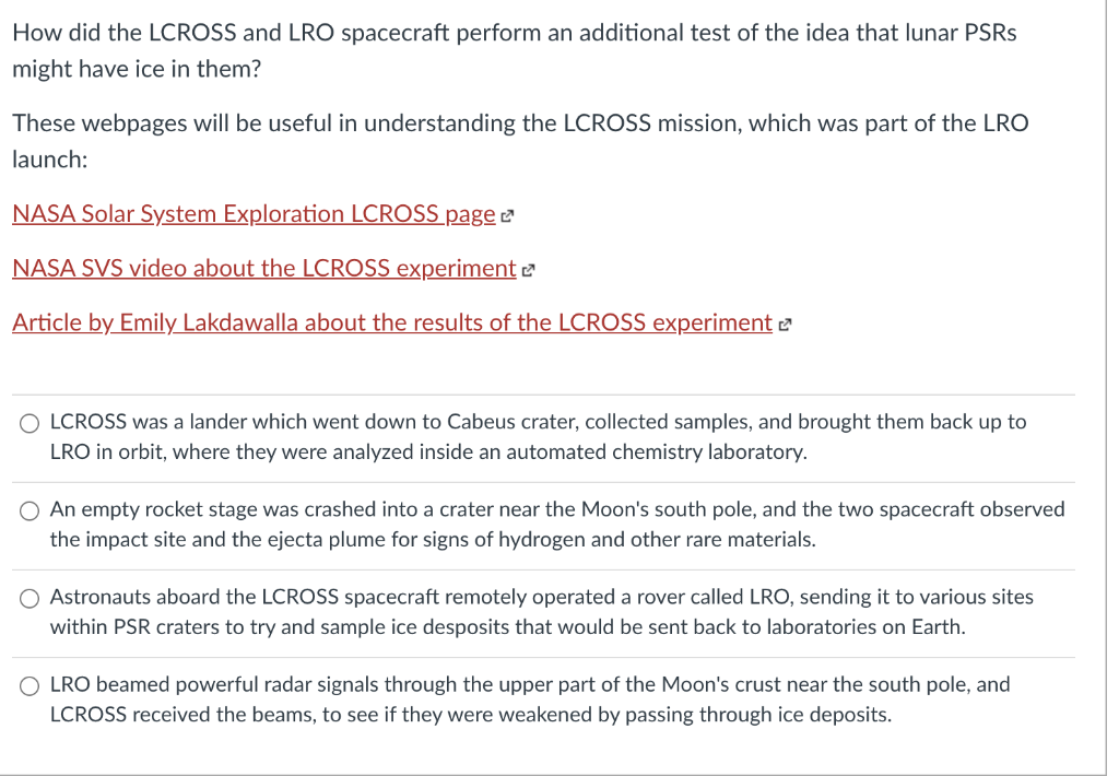Solved How did the LCROSS and LRO spacecraft perform an | Chegg.com