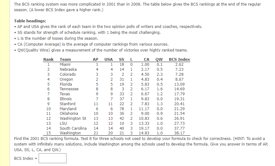 Solved The BCS Ranking System Was More Complicated In 2001 | Chegg.com ...