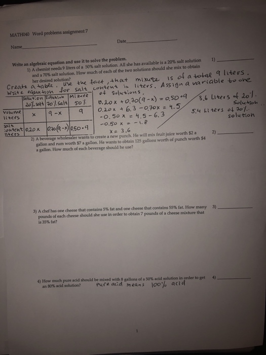 Solved MATHO40 Word problems assignment7 Name Date Write an | Chegg.com