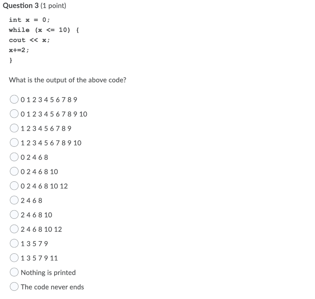 Solved Question 1 (1 point) Which of the following code | Chegg.com