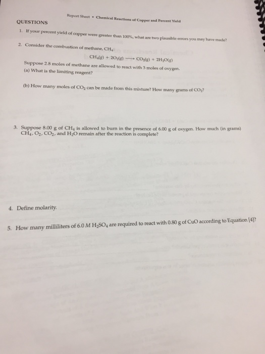 Solved Report Sheet Chemical Reactions Of Copper And Percent | Chegg.com