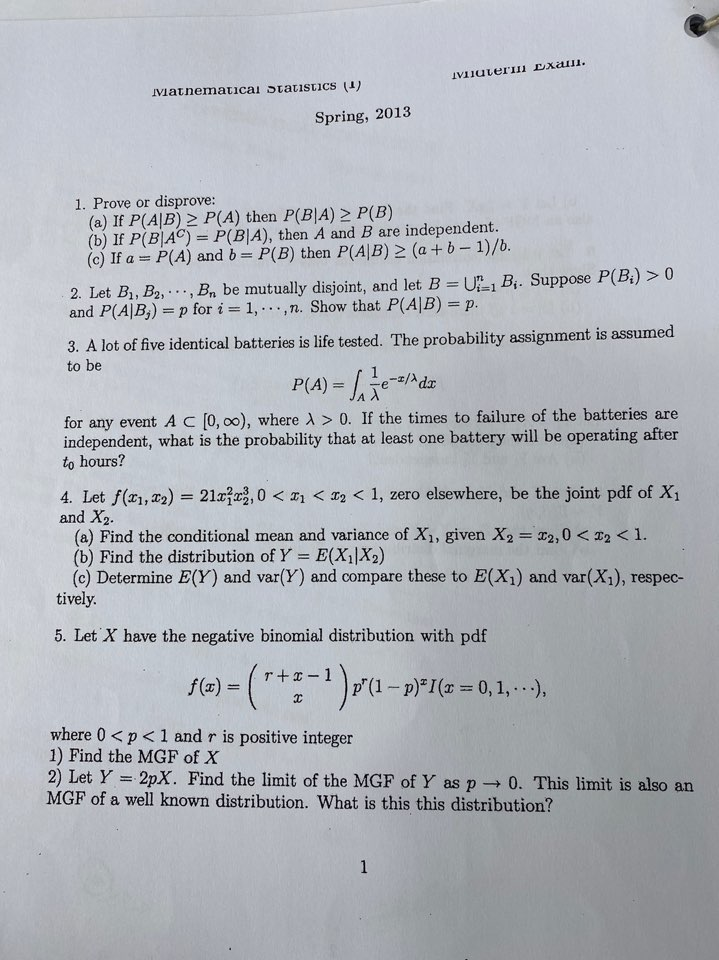 Mathematical Statistics I Midterm Exam 1 Spr Chegg Com