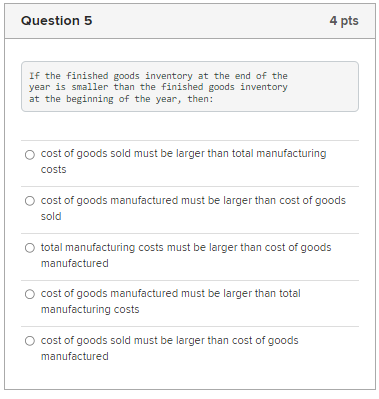 Solved Question 5 4 pts If the finished goods inventory at | Chegg.com