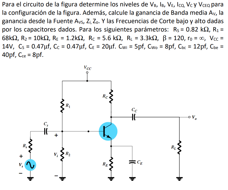 Para el circuito de la figura determine los niveles de \( V_{B}, I_{B}, V_{E}, I_{C Q}, V_{C} Y V_{C E Q} \) para la configur