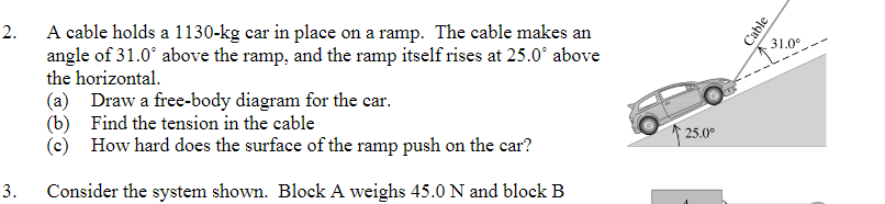 Solved 2. Cable 31.0 A cable holds a 1130-kg car in place on | Chegg.com