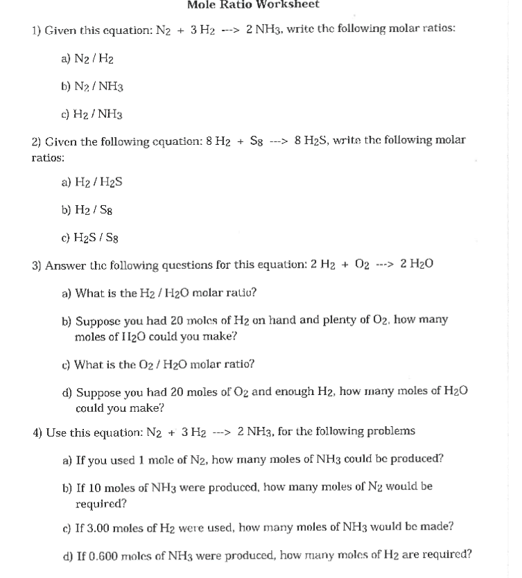 Solved Mole Ratio Worksheet 1) Given this cquation: N2 + 3H2 | Chegg.com