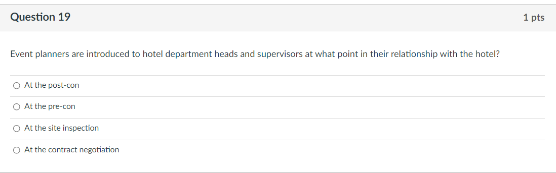 Solved Question 19 1 pts Event planners are introduced to | Chegg.com