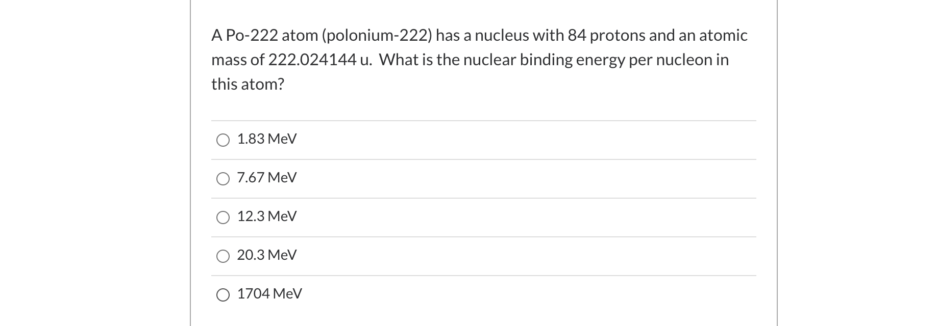 what element has a mass of 222 and 86 protons
