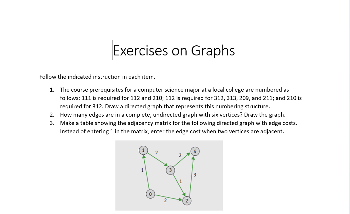 Solved Exercises on Graphs Follow the indicated instruction | Chegg.com