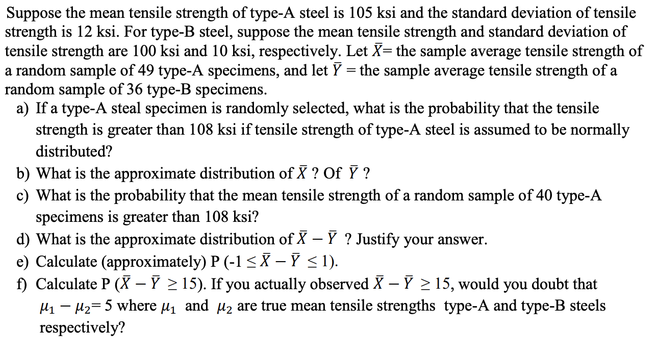 Suppose The Mean Tensile Strength Of Type A Steel Is Chegg 