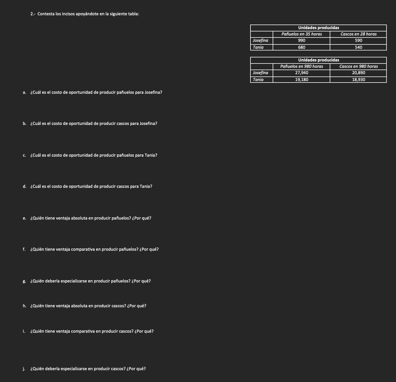 2.- Contesta los incisos apoyándote en la siguiente tabla: a. ¿Cuál es el costo de oportunidad de producir pañuelos para Jose