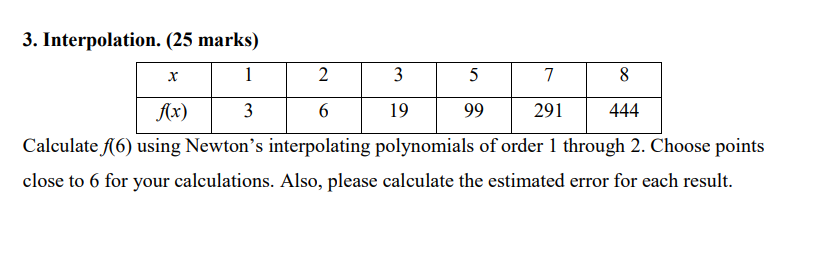 Solved 3. Interpolation. (25 marks) X 1 2 3 5 7 8 f(x) 3 6 | Chegg.com