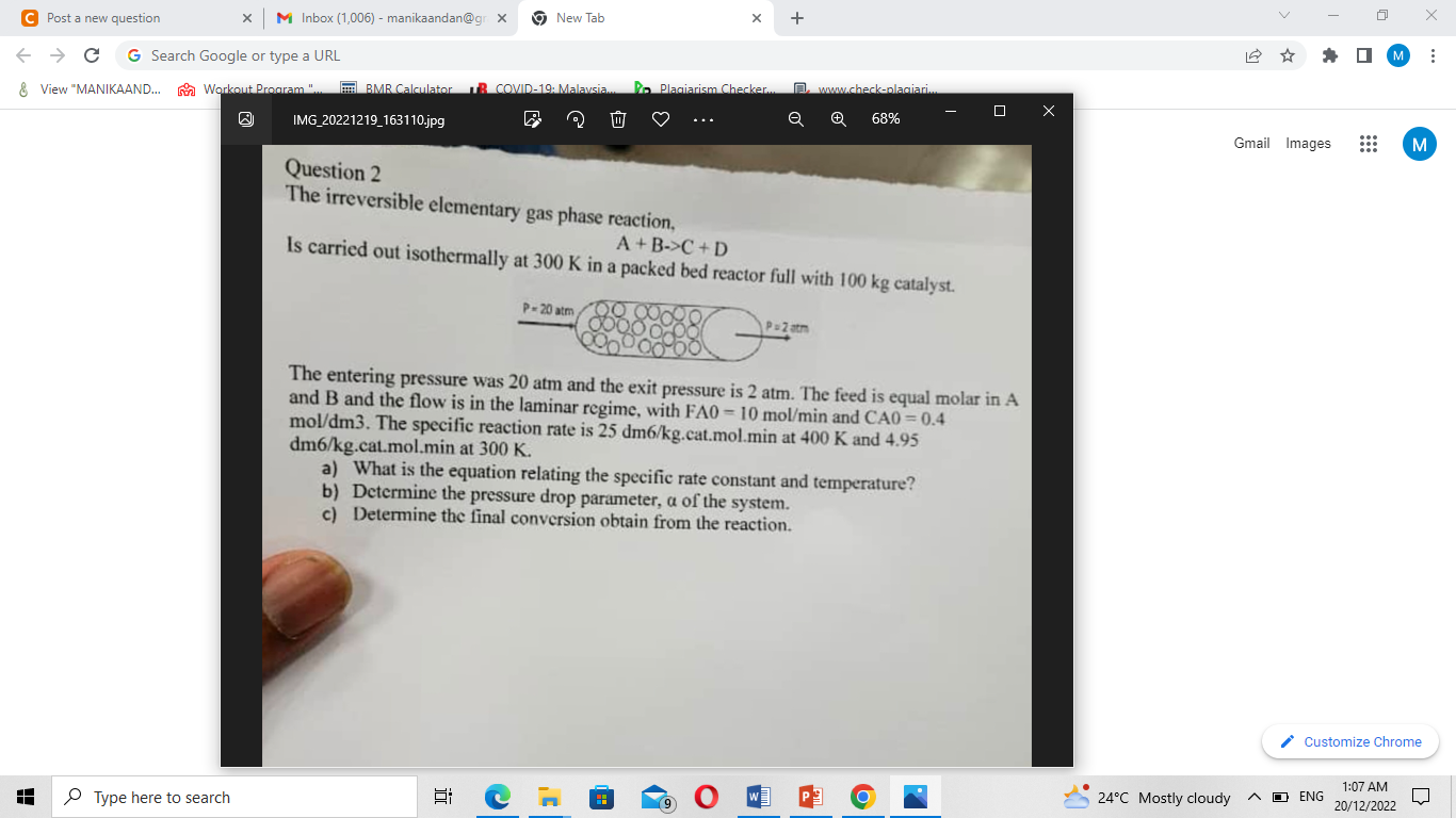 Solved Question 2 The irreversible elementary gas phase | Chegg.com