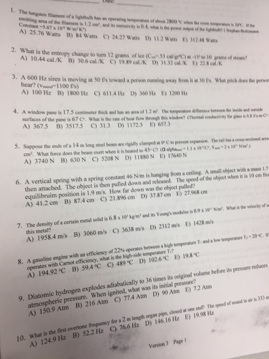 Solved The tungsten filament of a lightbulb has an operating