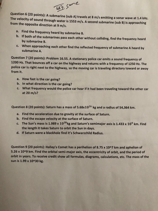 Solved one Question 6 (20 points) A submarine (sub A)