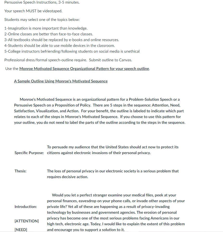 Persuasive Speech Instructions, 35 minutes. Your